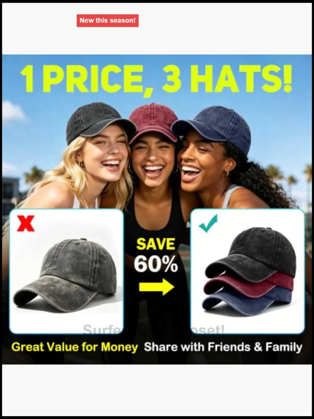 Women's Baseball Cap with Ponytail Hole, Distressed Washed Cotton, Adjustable